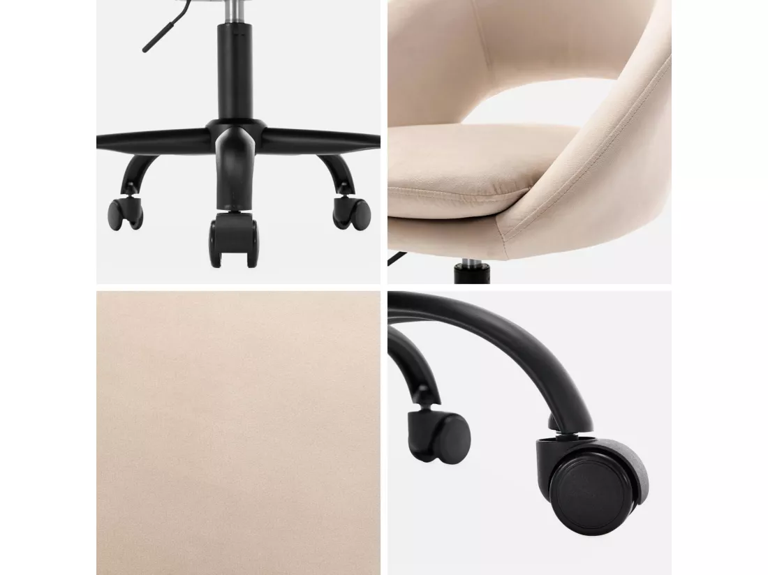 Chaise de bureau ronde à roulettes en velours blanc cassé. Pam. L 59 x P 60 x H 79 / 89cm