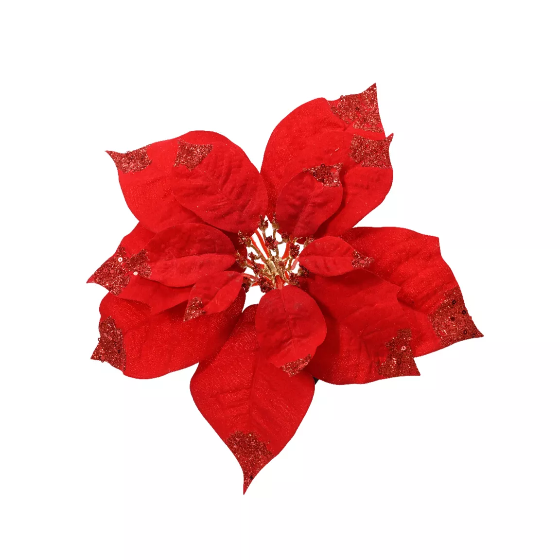 Poinsettia de Noël sur clip (D25 cm) Velours scintillant Rouge