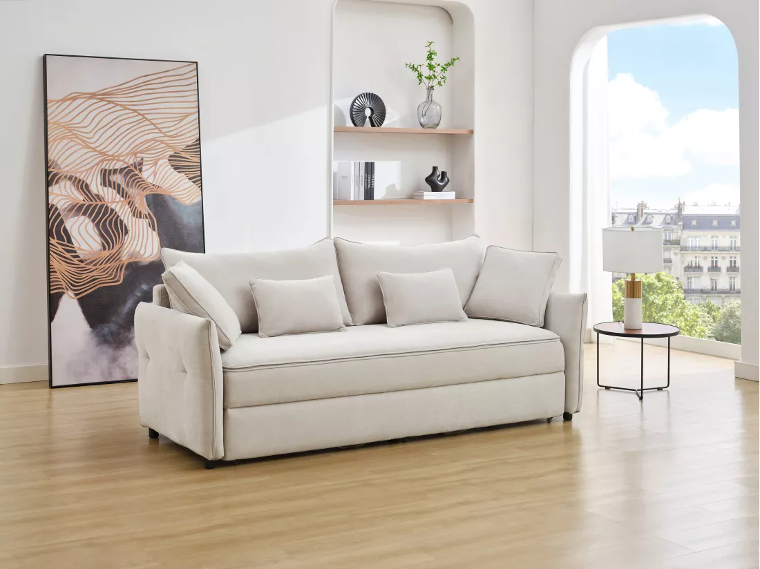 Canapé 3 places convertible en tissu beige avec assise à mémoire de forme SITALA
