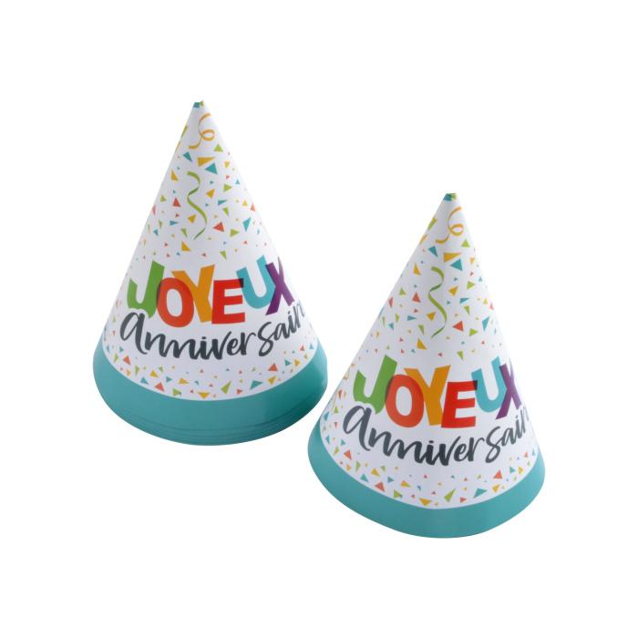 SET 6 CHAPEAUX ANNIVERSAIRE CARTON H.16CM HAPPY CONFETTIS