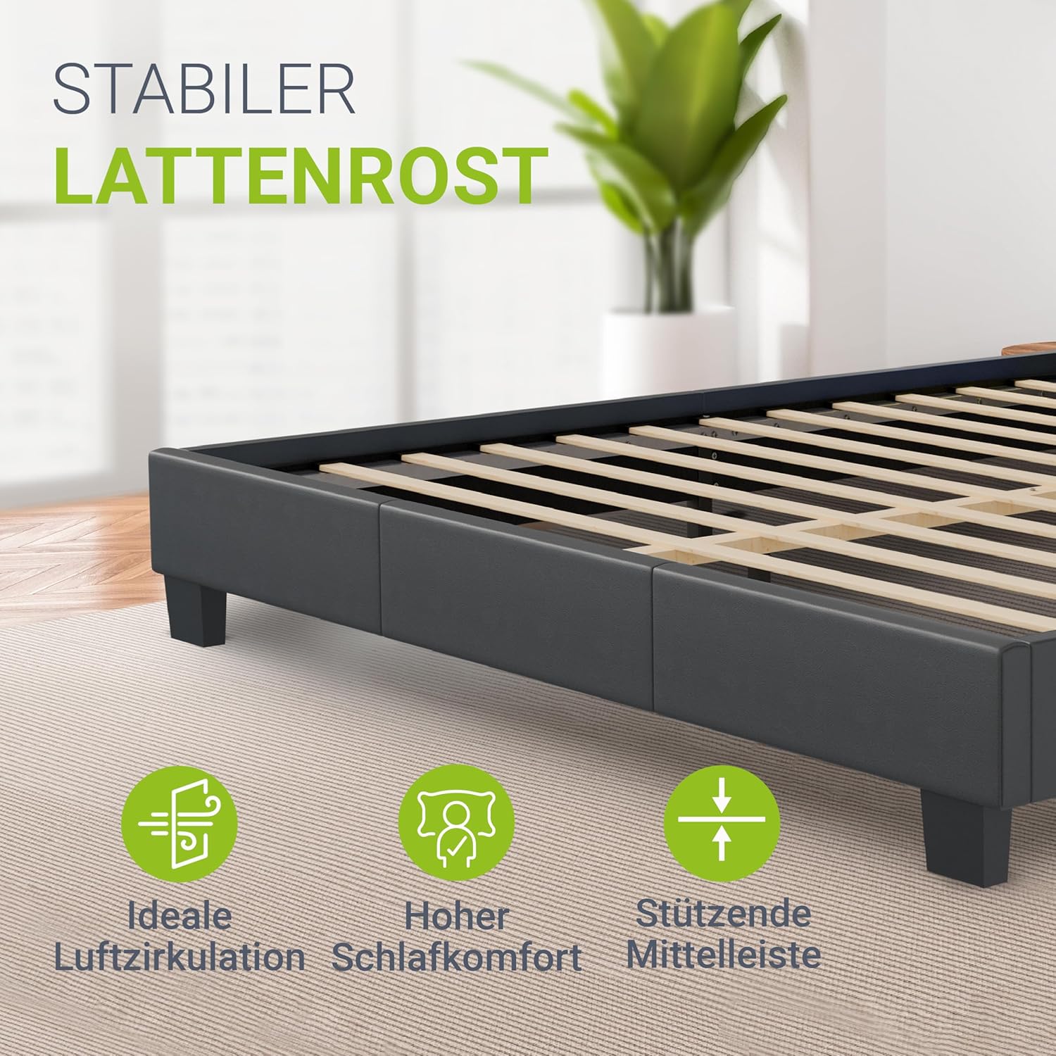 Juskys Polsterbett 140x200 cm – Bett Paris mit LED Beleuchtung, Lattenrost & Kopfteil, modernes Doppelbett aus Kunstleder & Holz – Grau