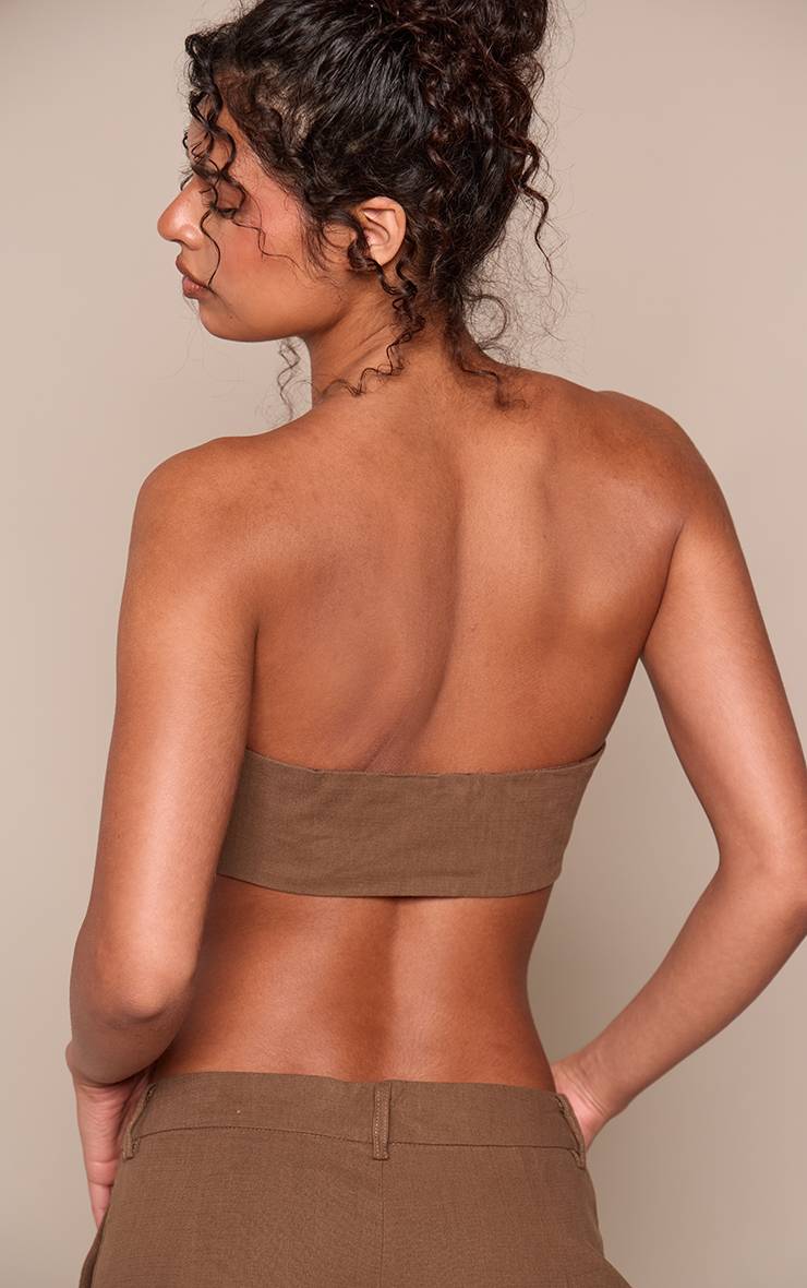 Marron Foncé Ensemble Brassière Ajustée Effet Lin Coordonné