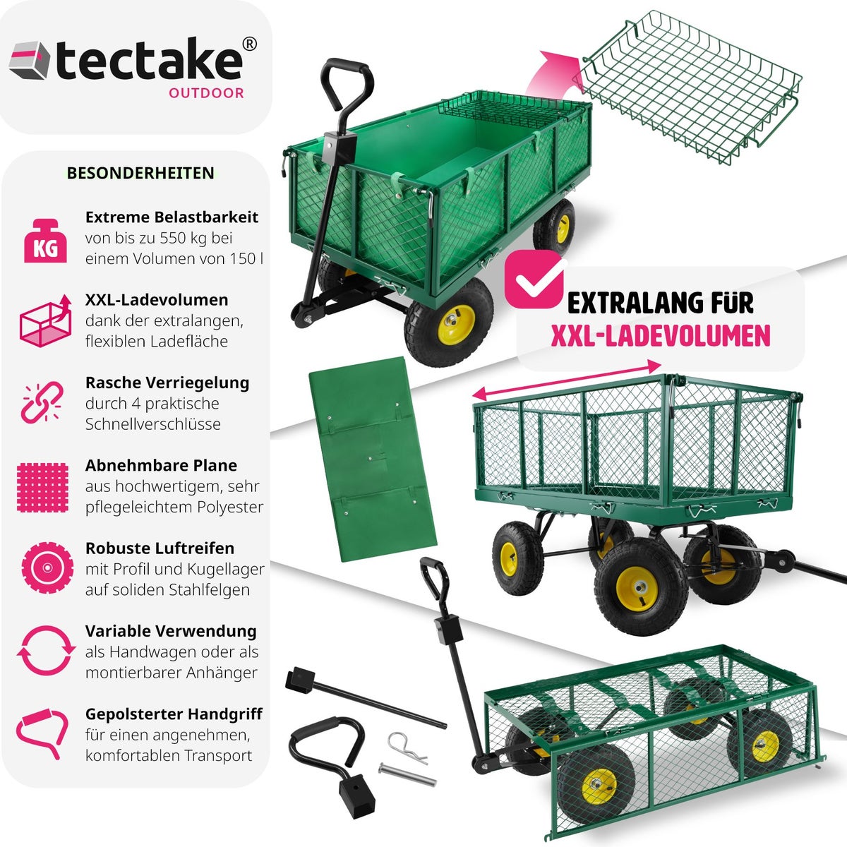 tectake handkar met opklapbare zijwanden, draagvermogen 550 kg
