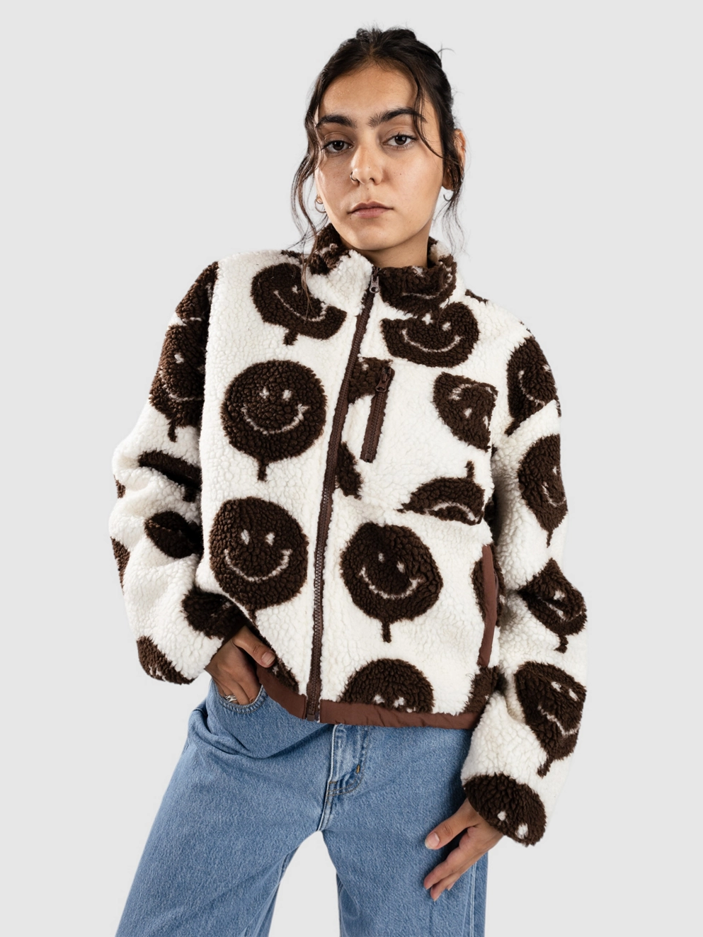 Blue Tomato Drawstring Fleece Zip Thru Jacket brown smiley