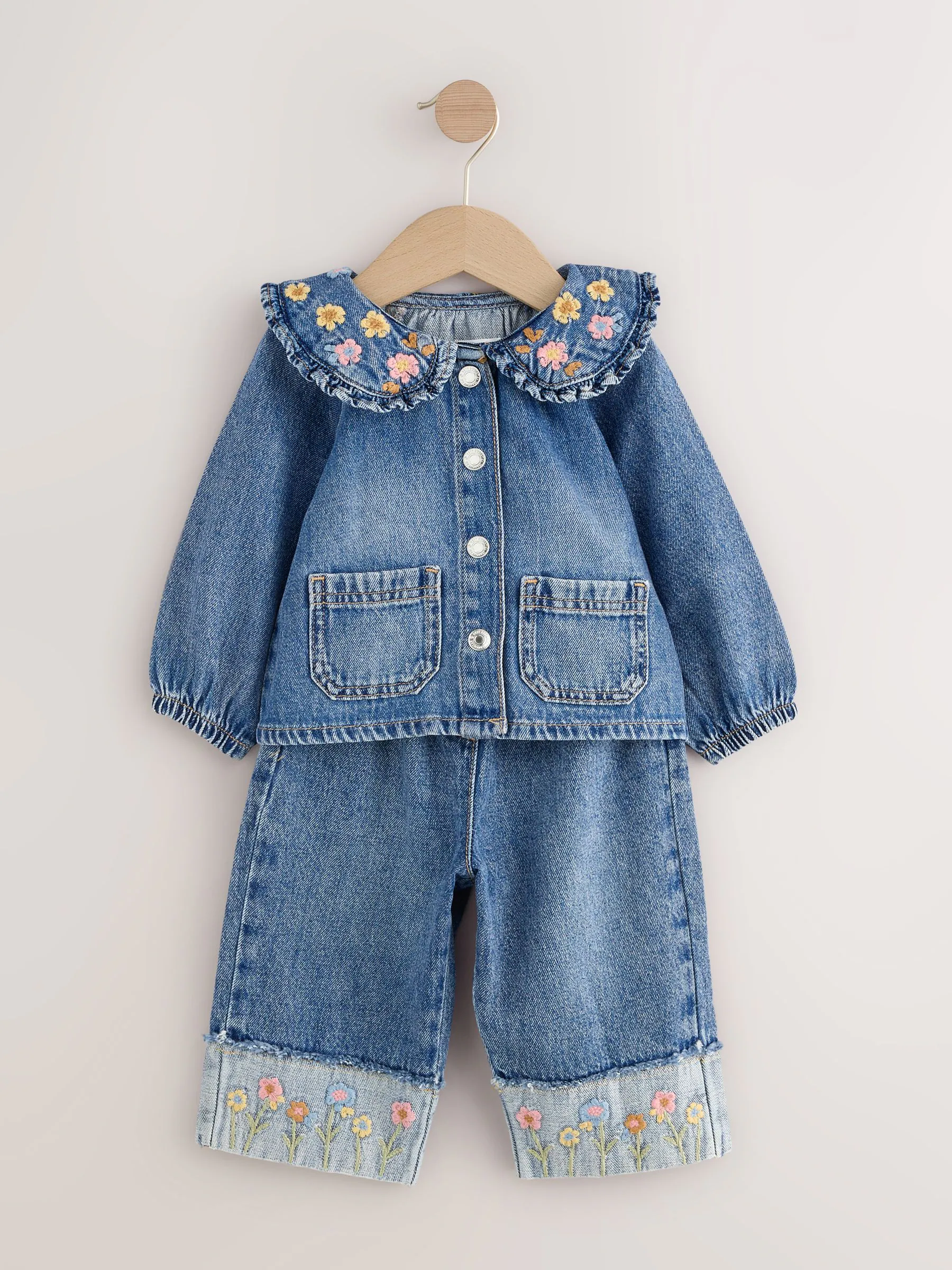 Denim - Set van wijde pijpen jeans en jack met bloemenborduursel (3mnd-7jr)