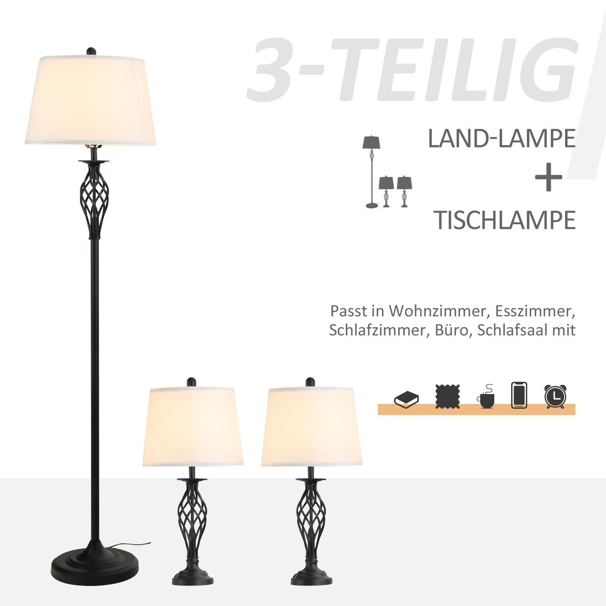 HOMCOM lampenset van 3, ø38 x 158H cm / ø30 x 62H cm, PS, zwart
