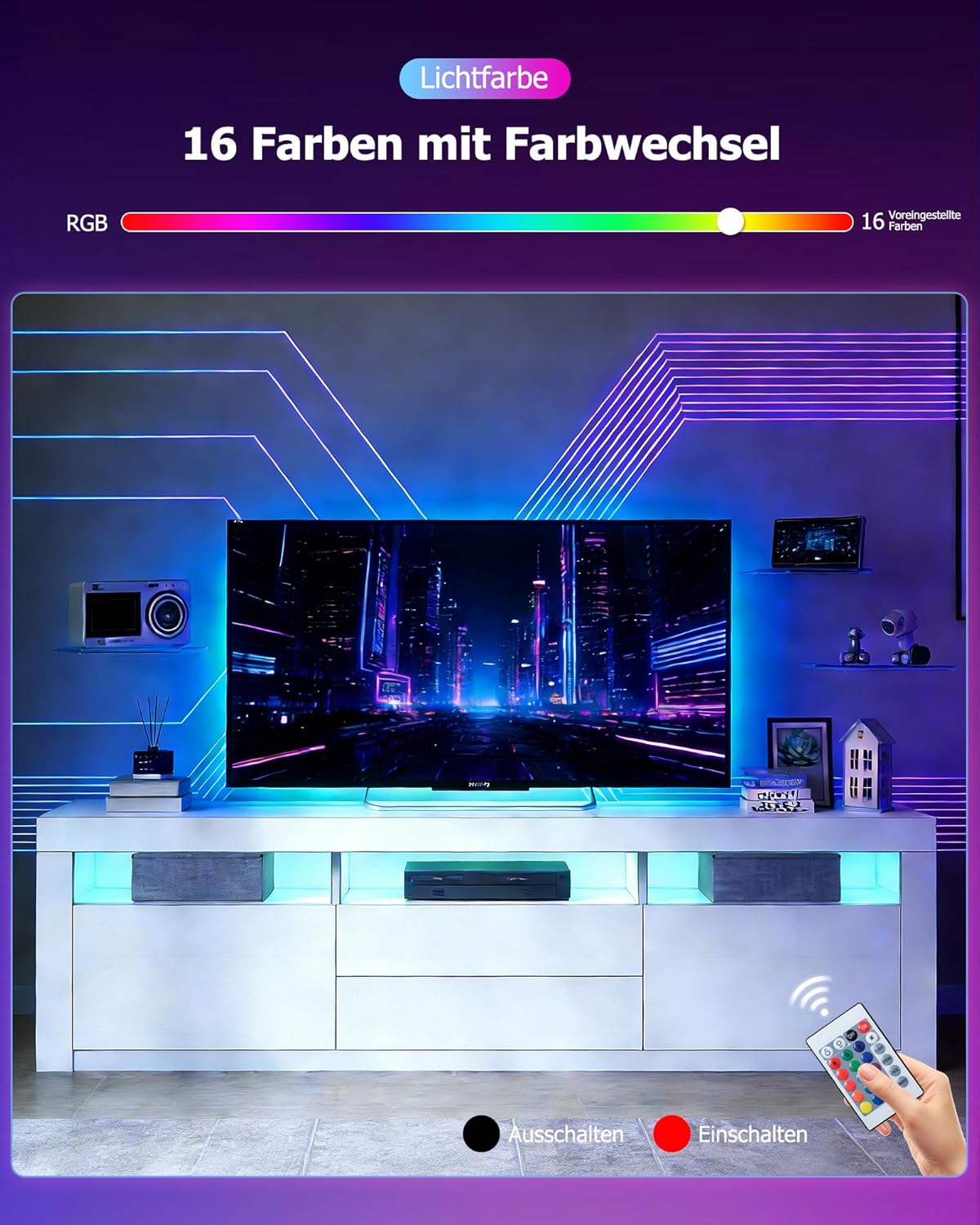 LED TV Schrank Modernes Hochglanz TV Board mit 2 Türen & 2 Schubladen Fernsehschrank für Wohnzimmer Schlafzimmer Möbel, Weiß, 160 x 35 x 60 cm