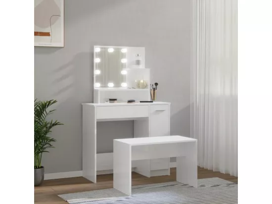 Ensemble de coiffeuse avec LED Blanc brillant Bois d'ingénierie
