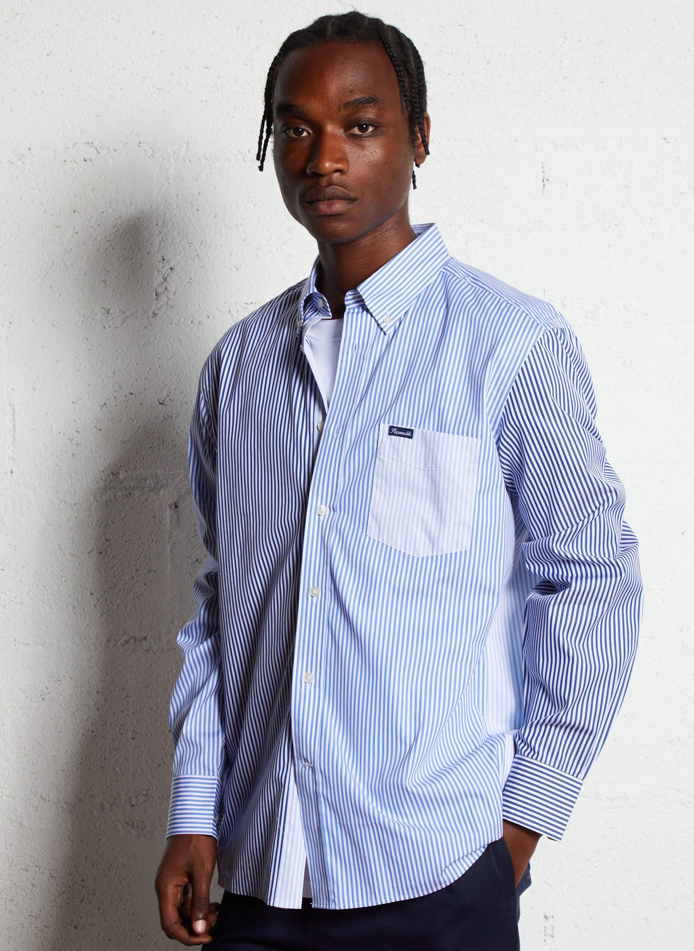 Chemise col classique rayée en coton | Bleu