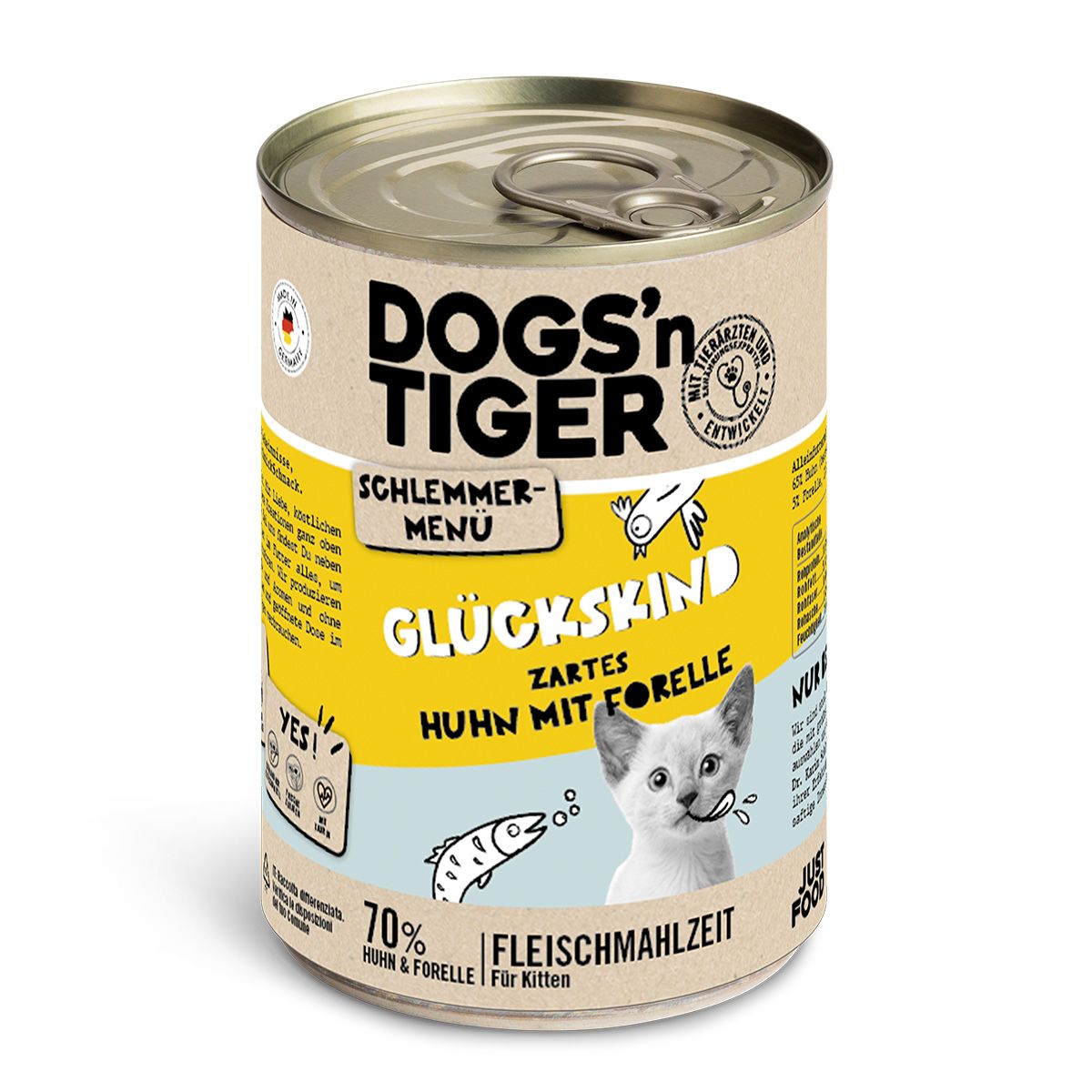 Dogs’n Tiger Junior, Kitten, Nassfutter, Katzenfutter, Getreidefrei, Glückskind, Huhn & Forelle