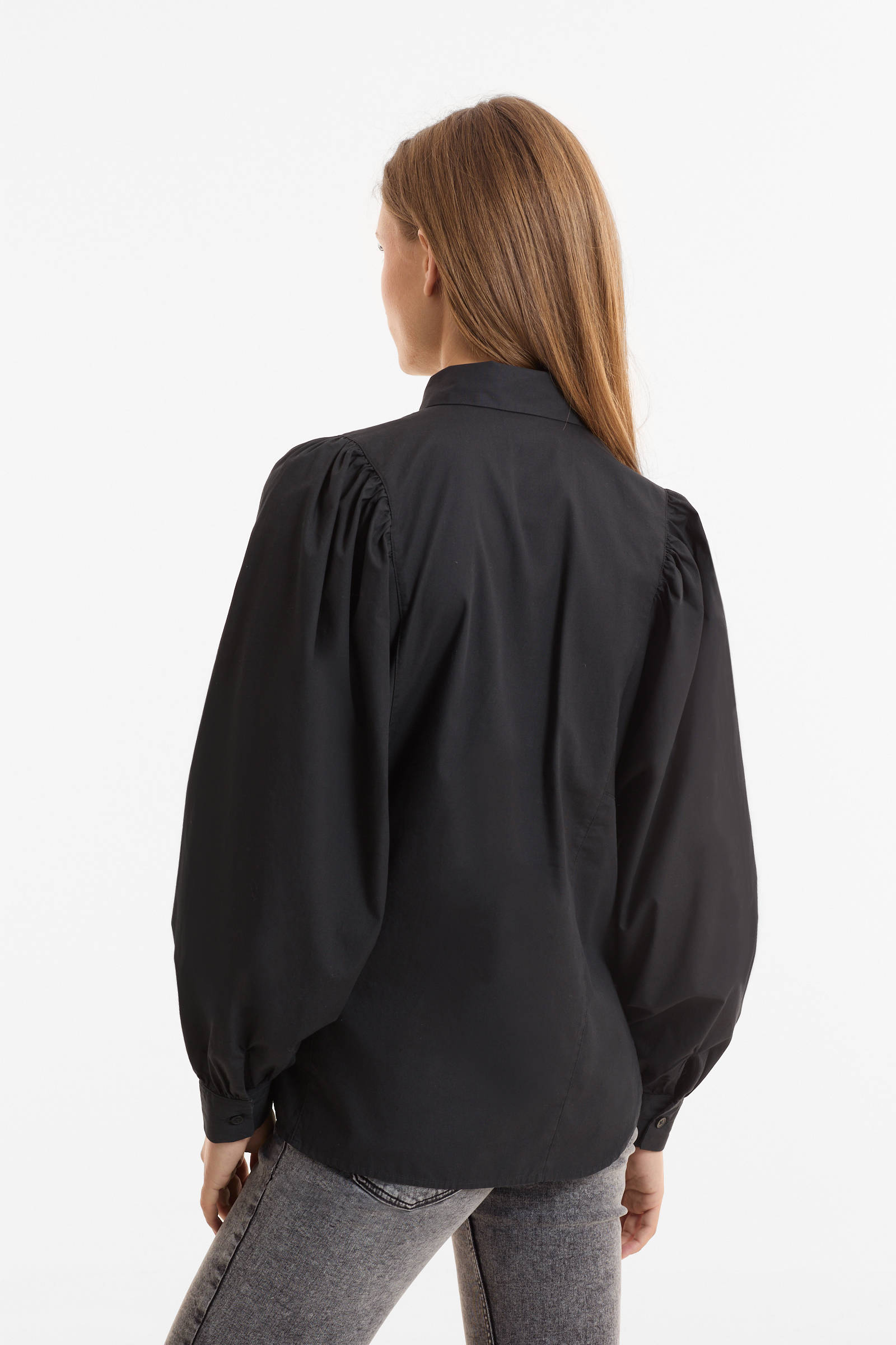 anytime poplin blouse met pofmouwen zwart