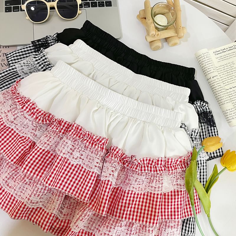 Iasia - Mini A-lijn rok met elastische taille en ruitjeskant
