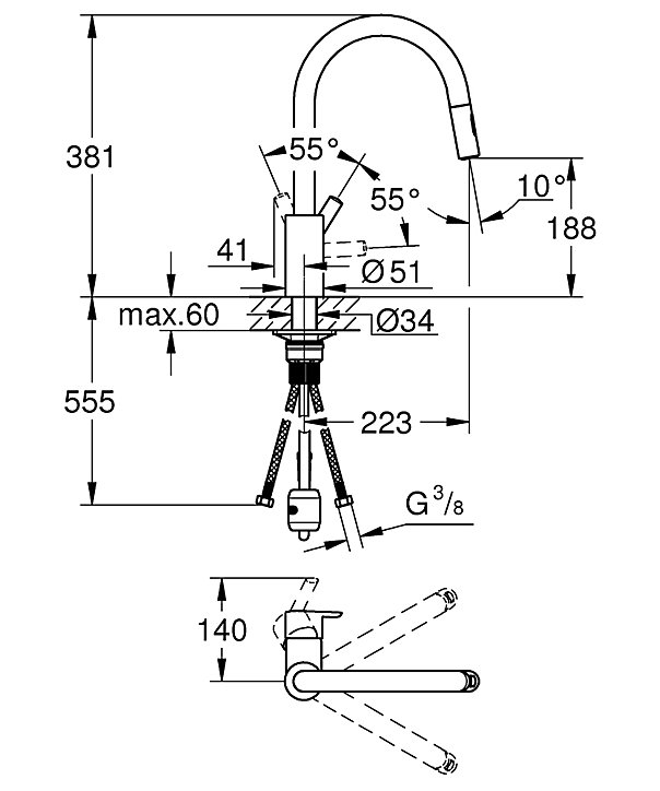 Mitigeur de cuisine avec douchette chromé Grohe Feel