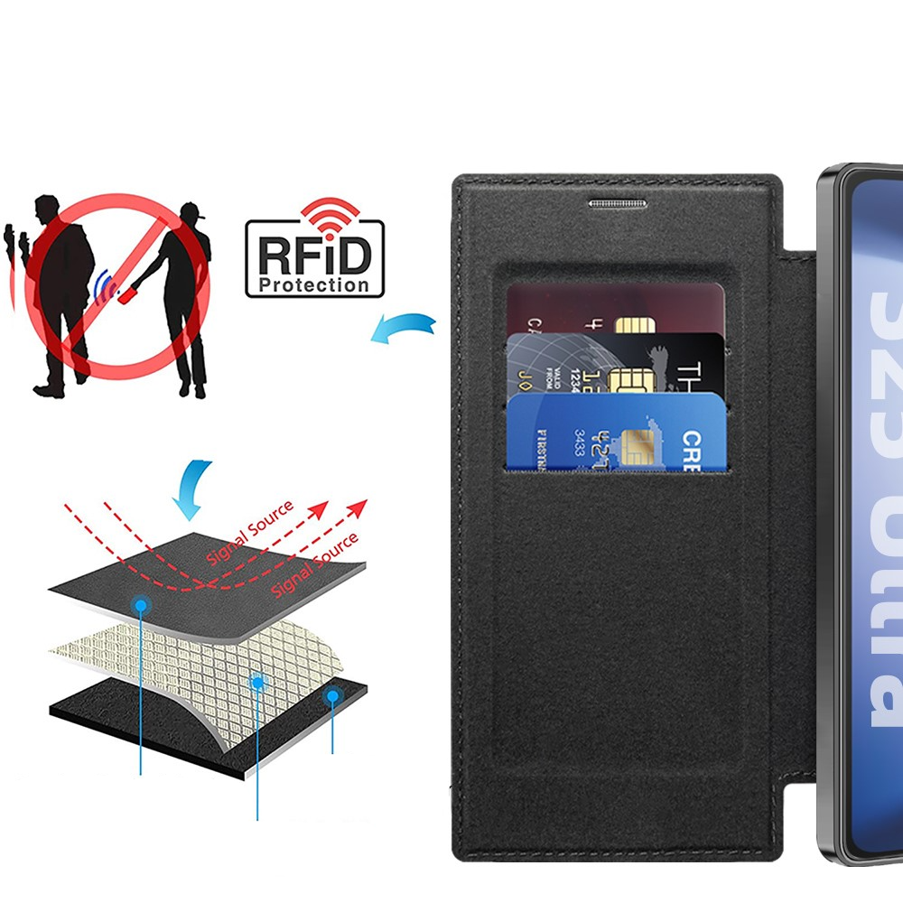Samsung Galaxy S25 Ultra Hybrid Leder Tasche   Kunststoff Rückseite MagSafe-Modul mit Steppmuster (RFID Schutz) - Schwarz / Transparent