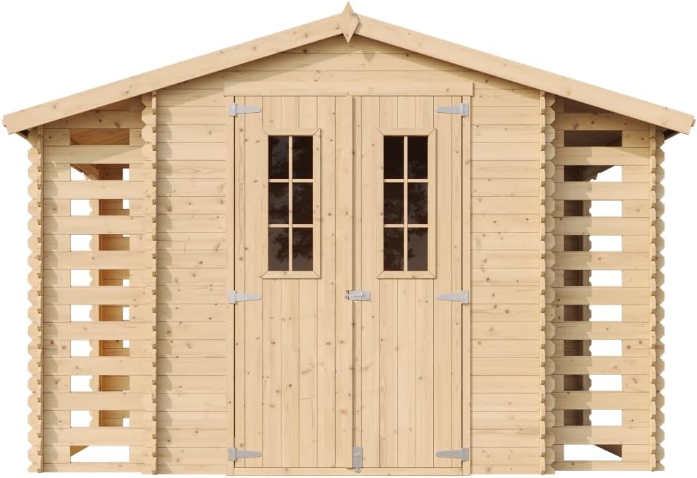 Holzhaus Gartenhaus mit Brennholzschuppen TIMBELA M391C - Gartenschuppen Holz B328xL206xH218 cm/ 3,53 + 0,97 + 0,97 m2 Lagerschuppen für Garten - Fahrrad Schuppen - Wasserfestes Dach
