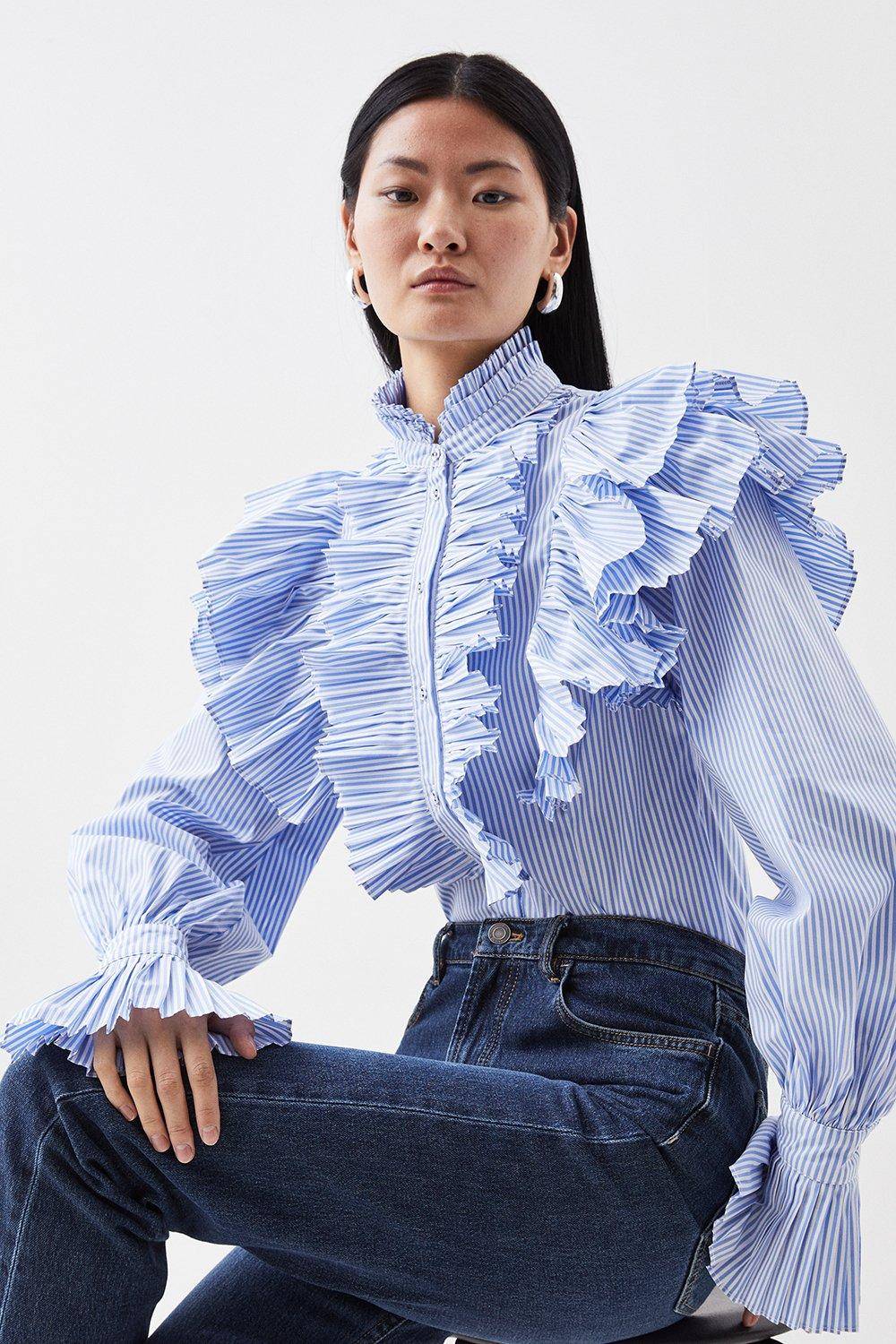 KarenMillen Chemise tissée à plis, rayures et volants