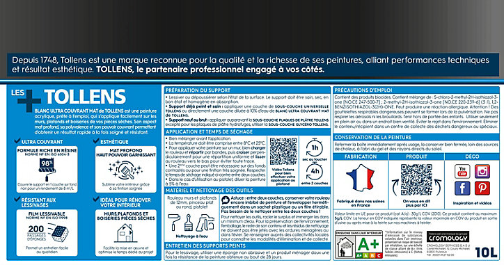 Peinture Tollens ultra couvrant murs, plafonds et boiseries mat blanc 10L