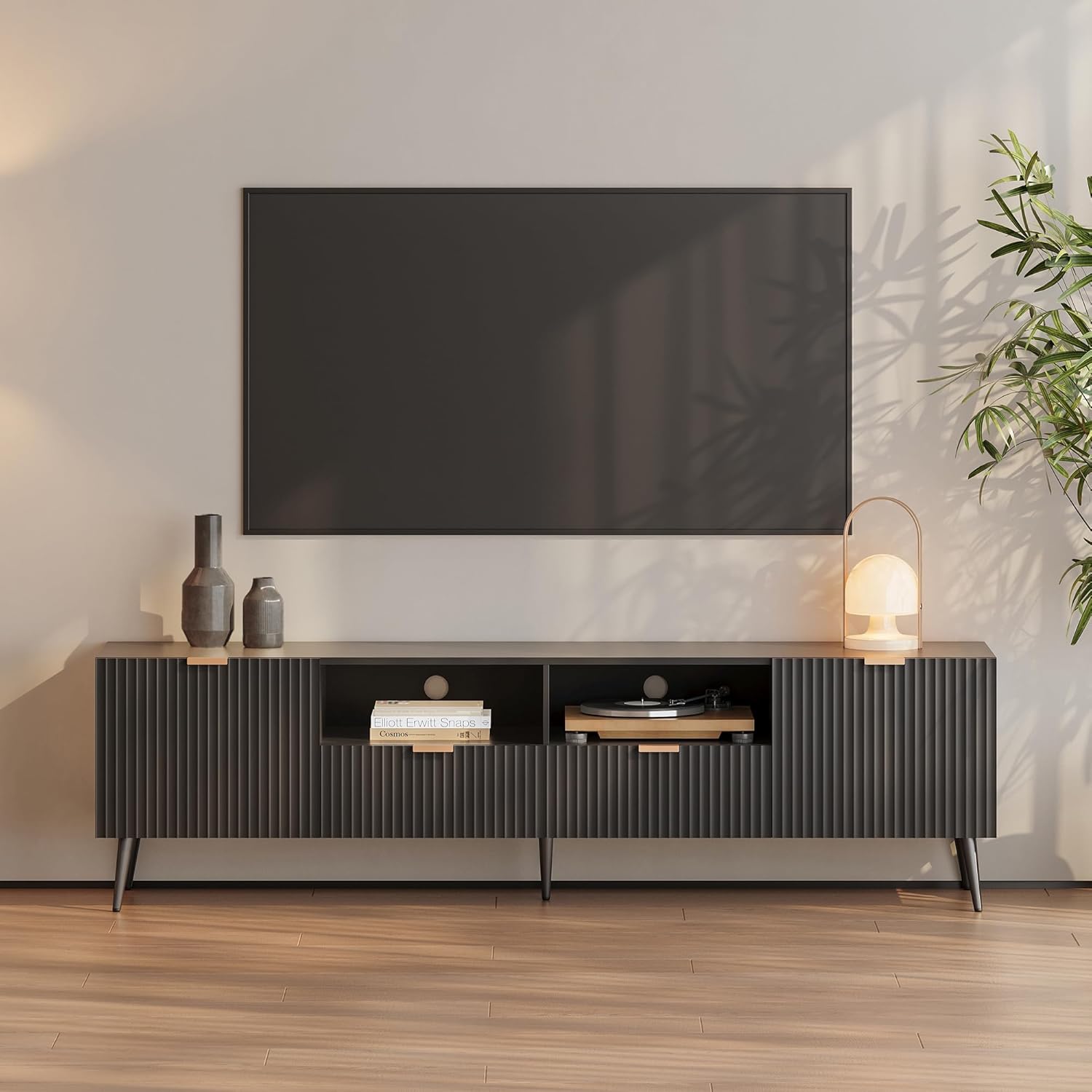 [en.casa] TV Schrank Nand Lowboard mit 2 Türen geriffelt Fernsehschrank mit 2 Schubladen 180 x 40 x 51 cm Sideboard Kommode Fernsehtisch Schwarz