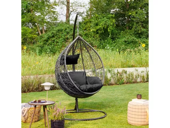 HOME DELUXE - Chaise suspendue Cielo - noir, hauteur 200 cm - avec cadre, coussins d'assise et de dossier I chaise suspendue en polyrotin balançoire de jardin panier suspendu