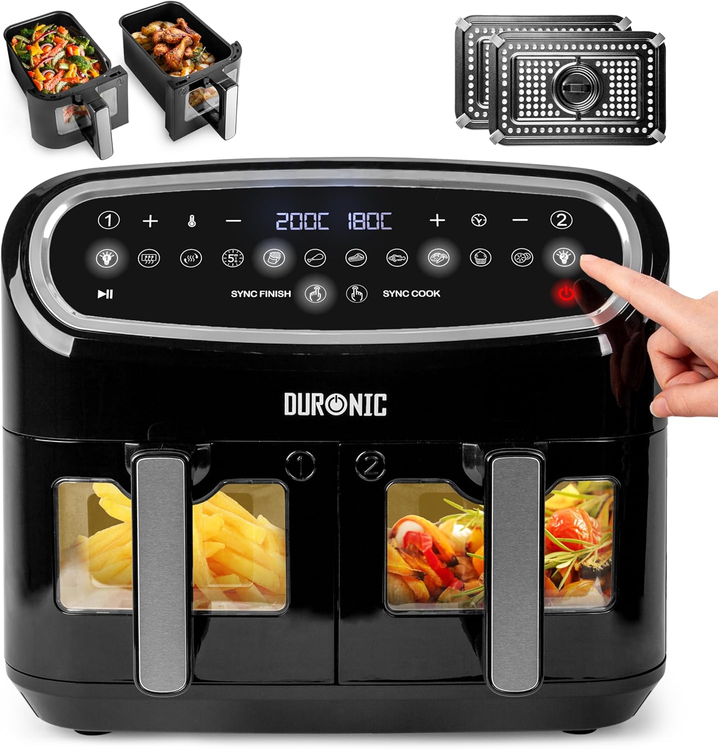 Duronic AF24 BK Doppelkammer Heißluftfritteuse, XXL Airfryer mit 2 x 5l Körbe, 10l Dual Zone Fritteuse mit 2400 Watt, Air Fryer mit 10 Programme