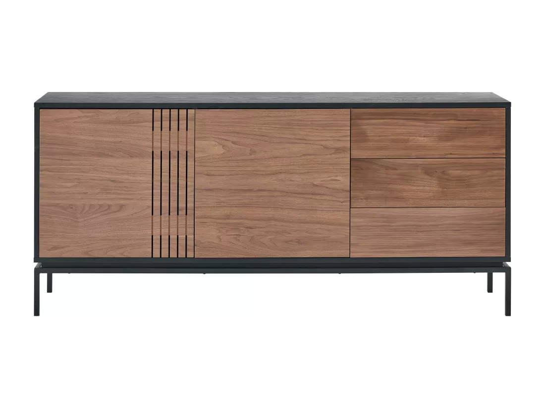 Buffet avec 2 portes et 3 tiroirs placage noyer et métal - Naturel foncé et Noir - ZINORI