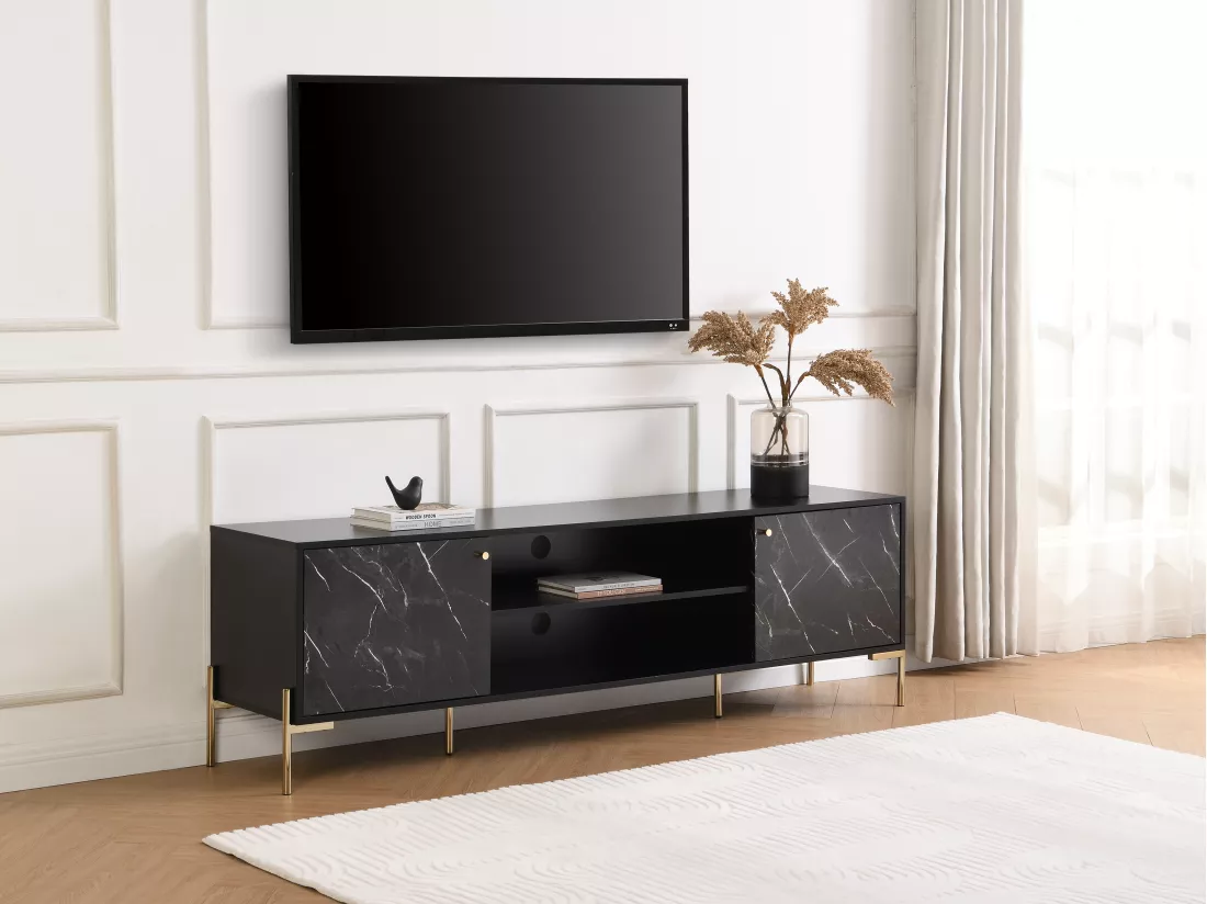 Meuble TV avec 2 portes et 2 niches en MDF et métal - Effet marbre noir et Doré - CIEMILA de Pascal Morabito