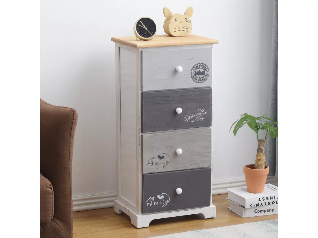 Chiffonnier Commode 4 Tiroirs Bois Blanc Gris Shabby 72x35x27