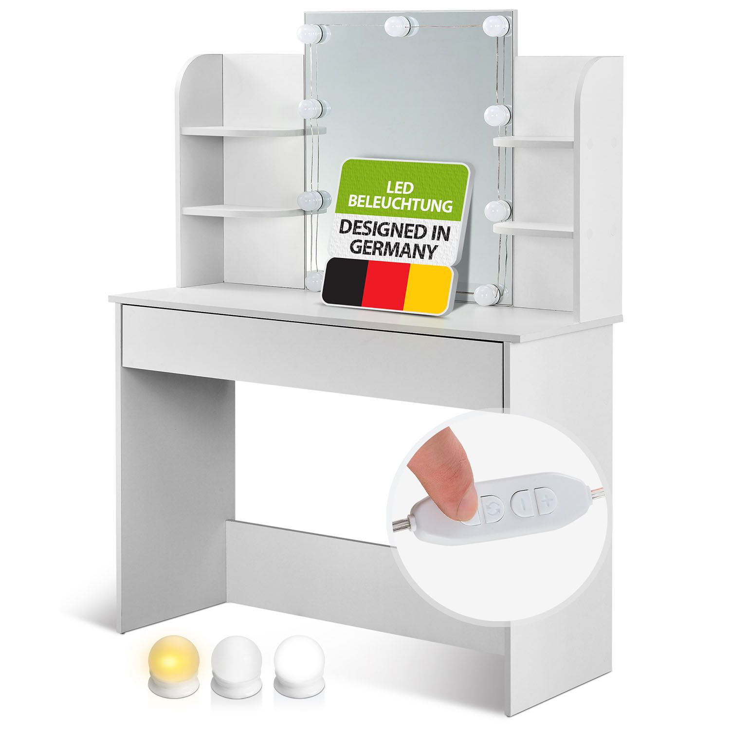 Juskys Schminktisch Bella 108 x 40 x 140 cm in Weiß mit Spiegel, LED, Schublade & 4 Ablagefächern