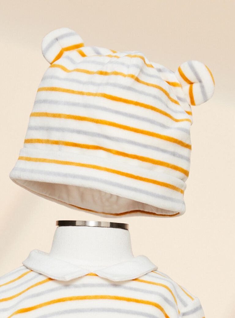 Grenouillère et son bonnet en velours écru à rayures multicolores