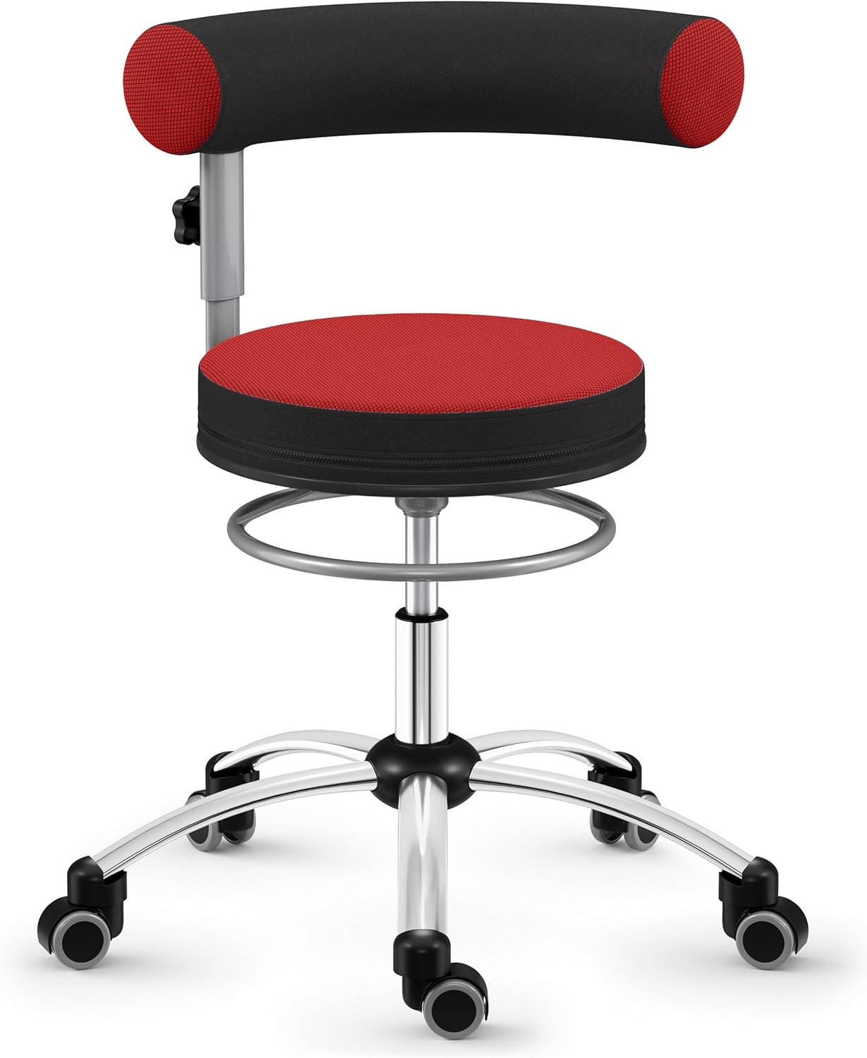 Sanus®-Gesundheitsstuhl | Rollhocker mit 360° Lehne, höhenverstellbarer Lehne, Sitzhöhe (42-51 cm), Stoffbezug rot/schwarz, Rollstopp-Rollen. Ergonomischer Bürostuhl, Erzieherstuhl