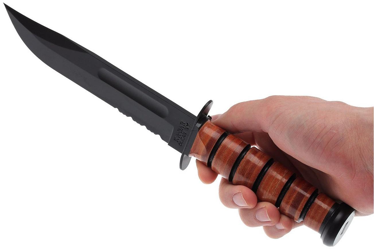 KA-BAR USMC 1218 deels gekarteld, leer, lederen foedraal survivalmes