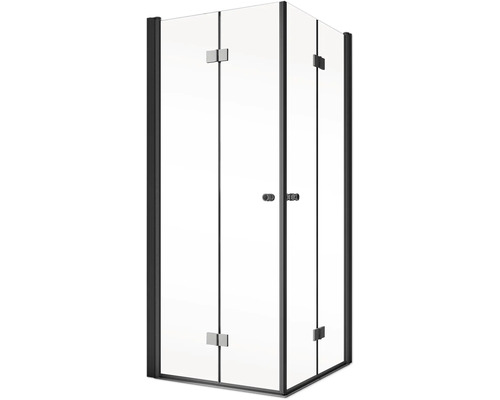 Hoekinstapdeur met draai-vouwdeur SCHULTE Garant 2.0 ExpressPlus 80 x 80 cm, zwart profiel, helder glas met vuilafstotende coating, deurscharnier links, deurscharnier rechts, buffergreep