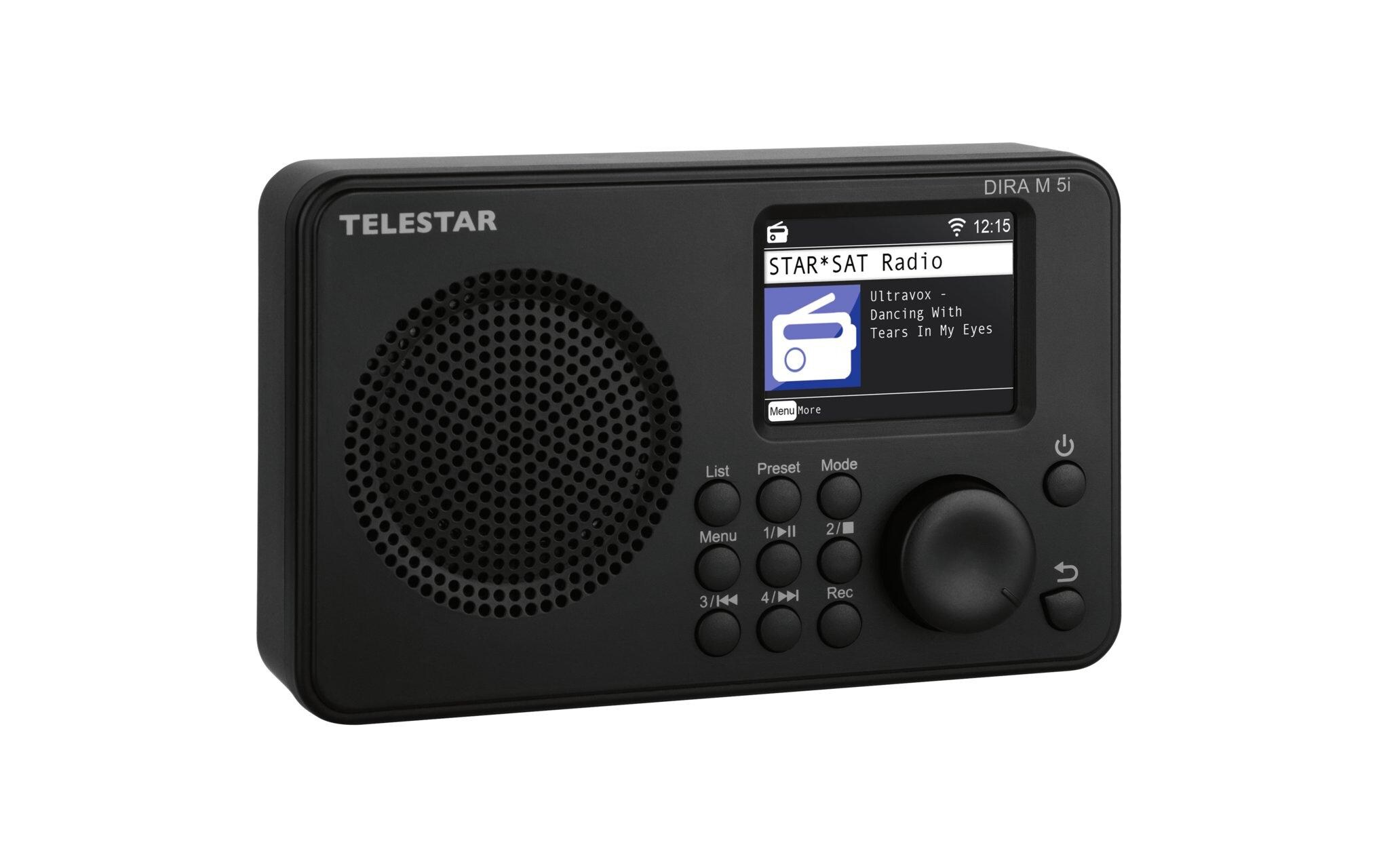 Internet Radio DIRA M5i SchwarzSehr kompaktes, klangstarkes Internetradio, mit grossem Display, umfangreichen USB Mediafunktionen, Fernbedienung via App und 5 V Stromversorgung