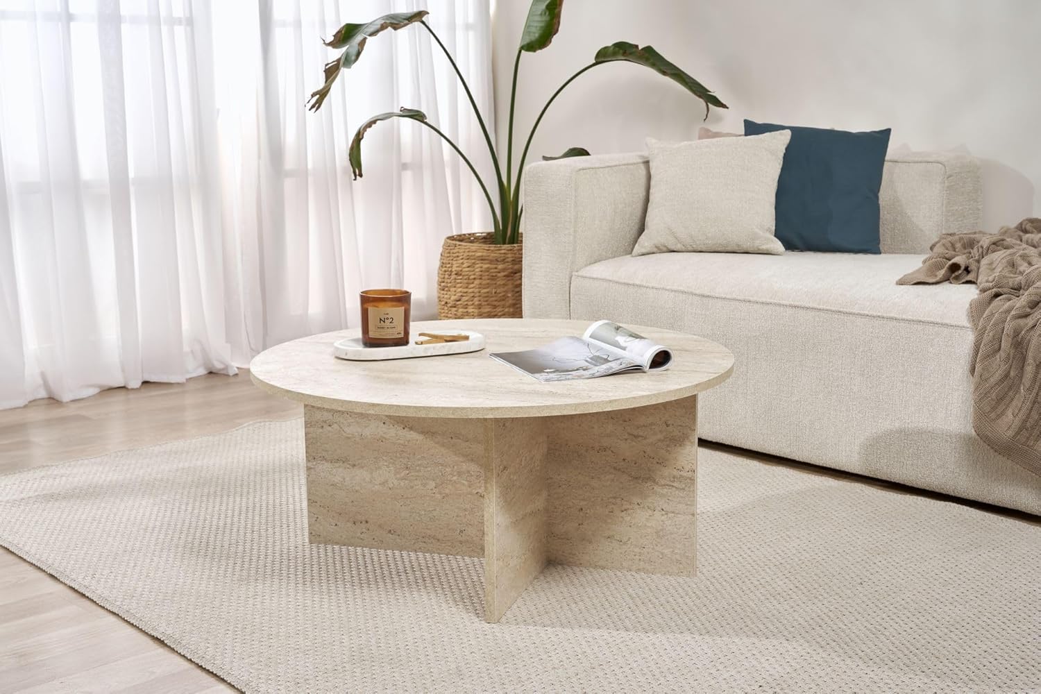 Stylish Coffee Table, Travertine Color, 90 x 40 x 90 cm | 100% Melamine Coated Particle Board, 18 mm Thick | Perfect for Modern Living Rooms & Spaces