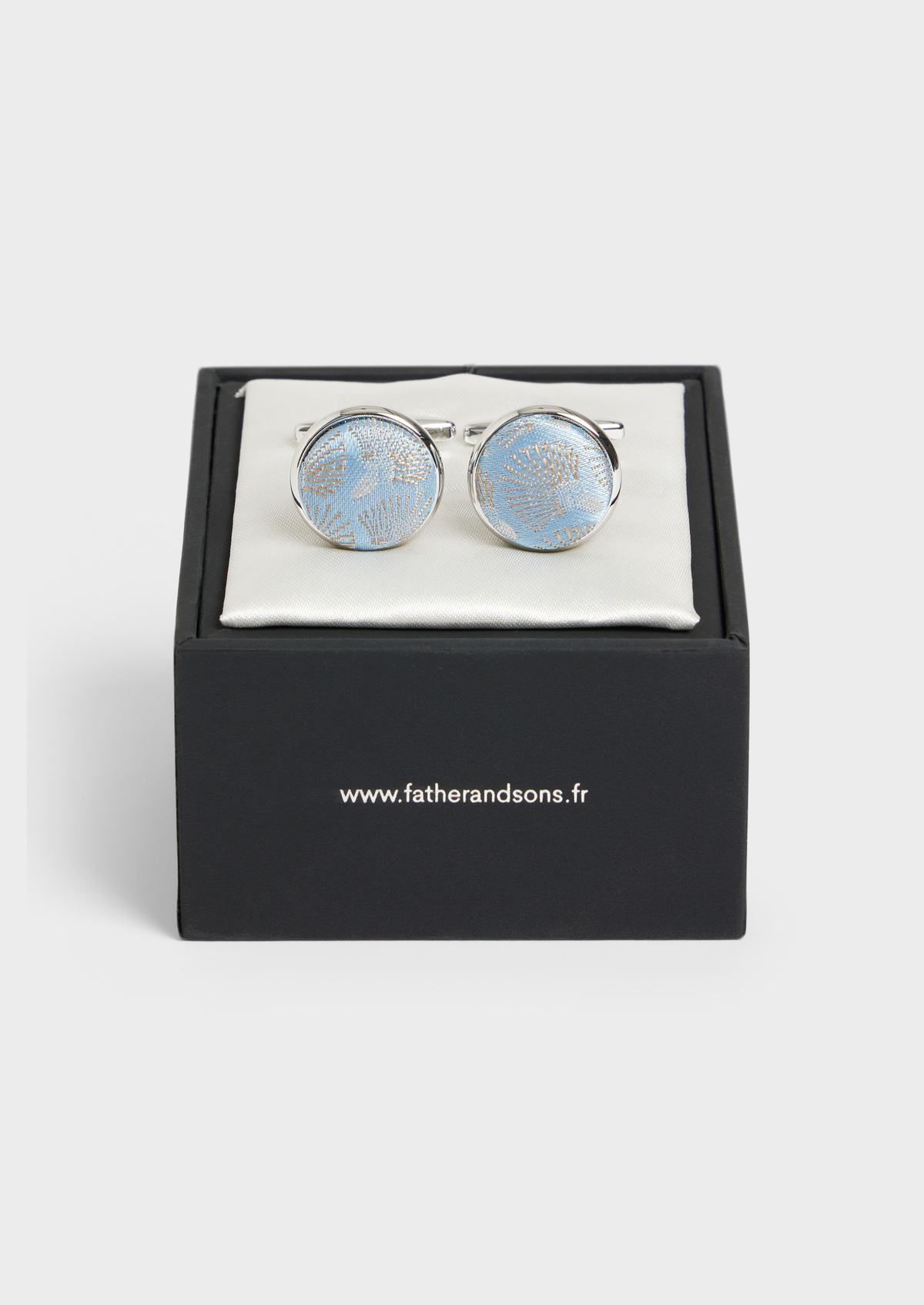 Boutons de manchettes ronds en soie mélangée bleu ciel à motif fleuri cognac