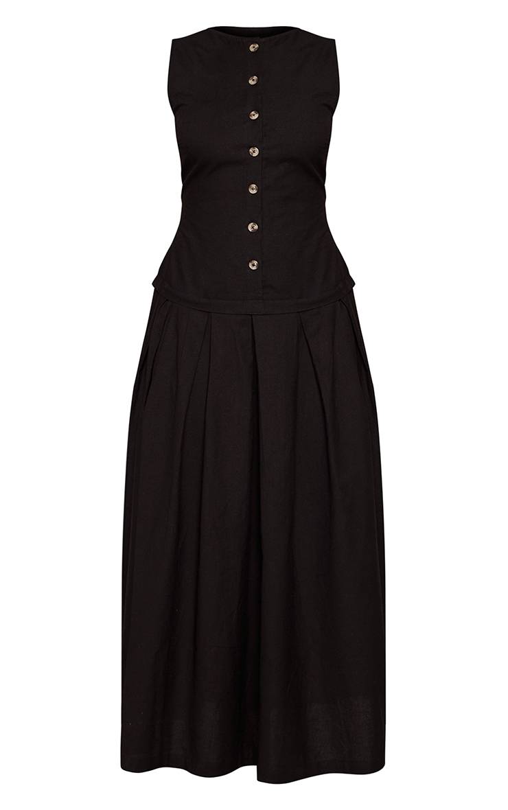 Noir Robe Maxi Taille Basse Boutonnée Effet Lin Petite