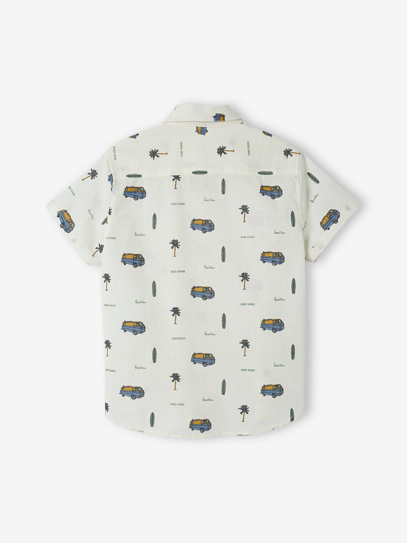 Camisa de manga curta para meninos com motivos estilo surfista e toque de linho, estampa branca.