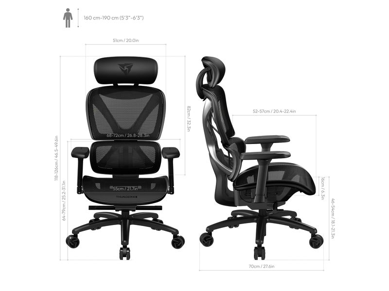 ThunderX3 Bürostuhl XTC-Mesh Schwarz Ergonomischer Bürostuhl