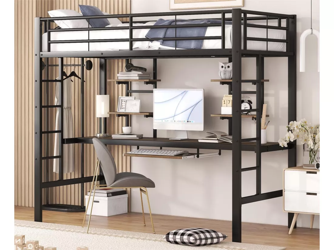 Lit mezzanine 90x200cm - avec bureau et étagères - cadre en métal - Noir
