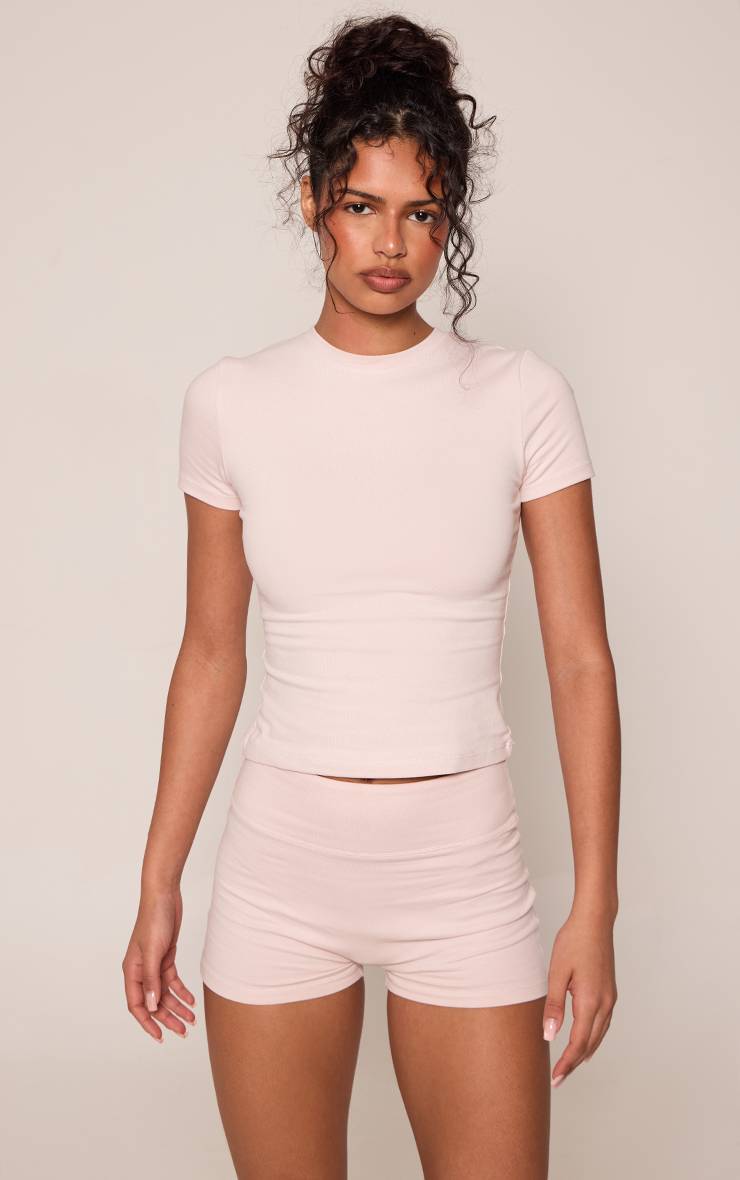 Rose Clair Haut Ajusté À Manches Courtes En Coton Doux