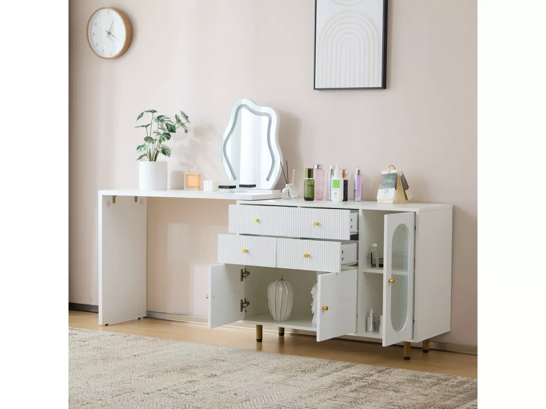Coiffeuse pivotante escamotable avec miroir à LED - 4 tiroirs et 3 compartiments - Blanc (tabouret non inclus)