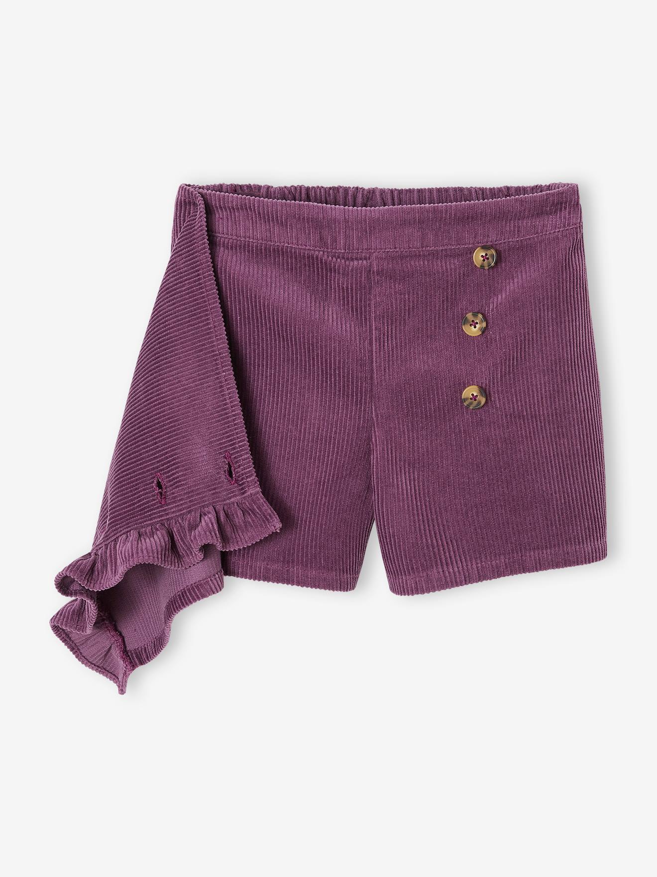 Saia/shorts de veludo cotelê roxo com efeito cruzado para meninas
