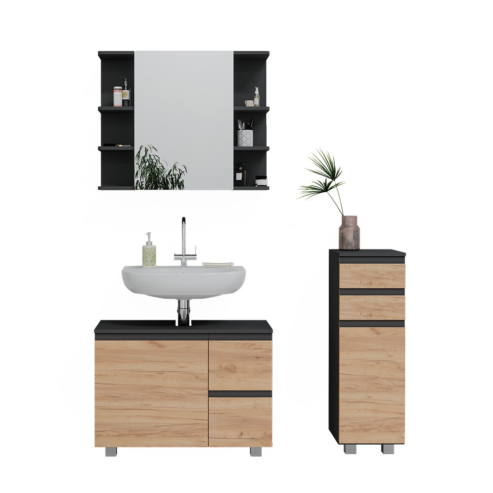 Vicco Badmöbelset J-shape Anthrazit Eiche modern Badezimmer Schrank Badschrank Waschtischunterschrank Spiegelschrank Midischrank Schranktür Schrankschublade Schrankfach Ablage Aufbewahrung