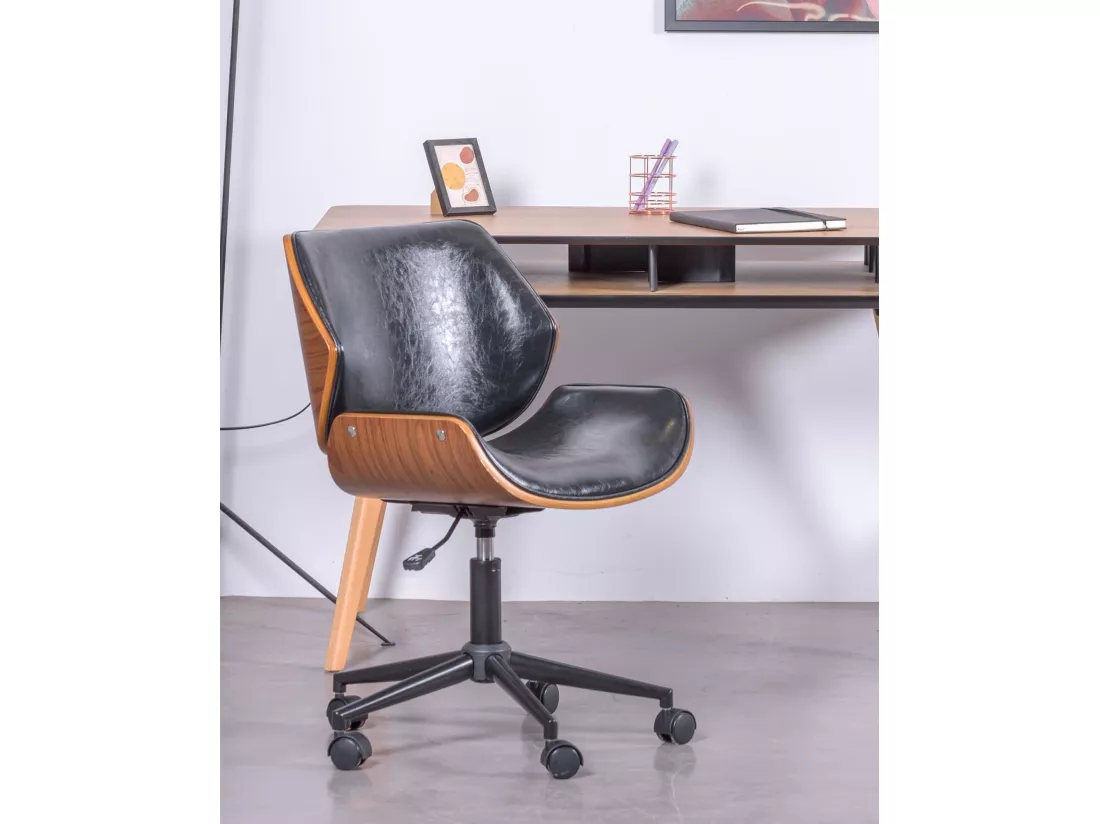 Chaise de bureau rétro en bois de noyer et cuir synthétique - Nordic - Noir