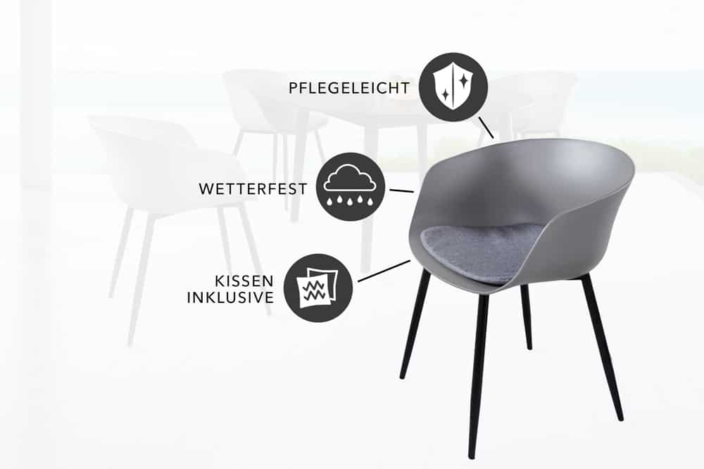 Moderner Stuhl DESIGNO grau Kunststoff Gartenstuhl mit Armlehnen Indoor Outdoor