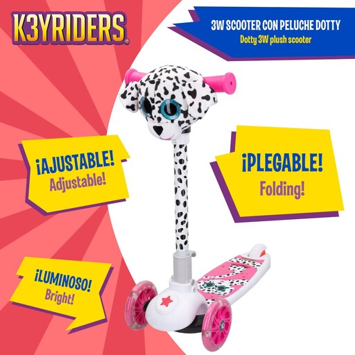 Patinete dobrável de 3 rodas com dálmata, luzes e brinquedo de pelúcia K3yriders