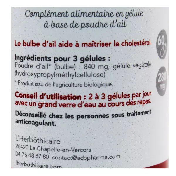 Alho Orgânico L'Herbôthicaire 60 cápsulas