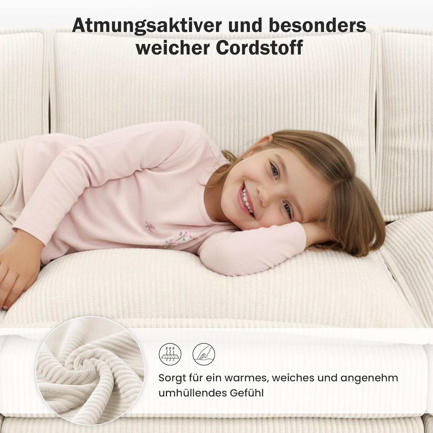 APICIZON Sofa mit Schlaffunktion, Cloud Couch, Sofa L Form, Eckcouch-275x132x80cm, Sofas XXL, Wohnzimmer Cord Schlafcouch, Seitliche Magazin-Aufbewahrungstasche, Beige
