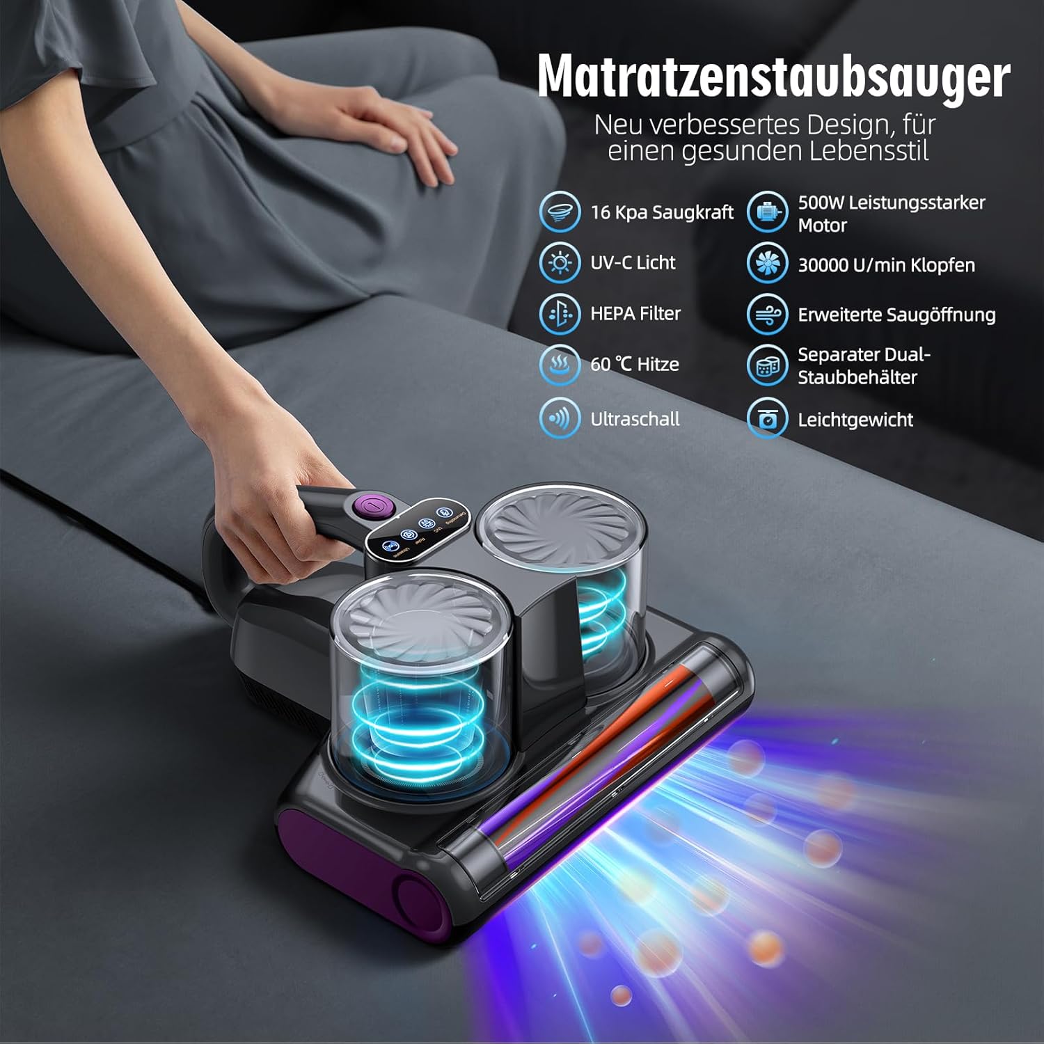 Milbensauger für Matratzen Milbenstaubsauger mit 253,7nm UV-Licht 16Kpa Bett-Staubsauger Bürstenwalzenklopfen HEPA Filter Ultraschall Heißer Wind Funktion Verbreiterte Saugöffnung