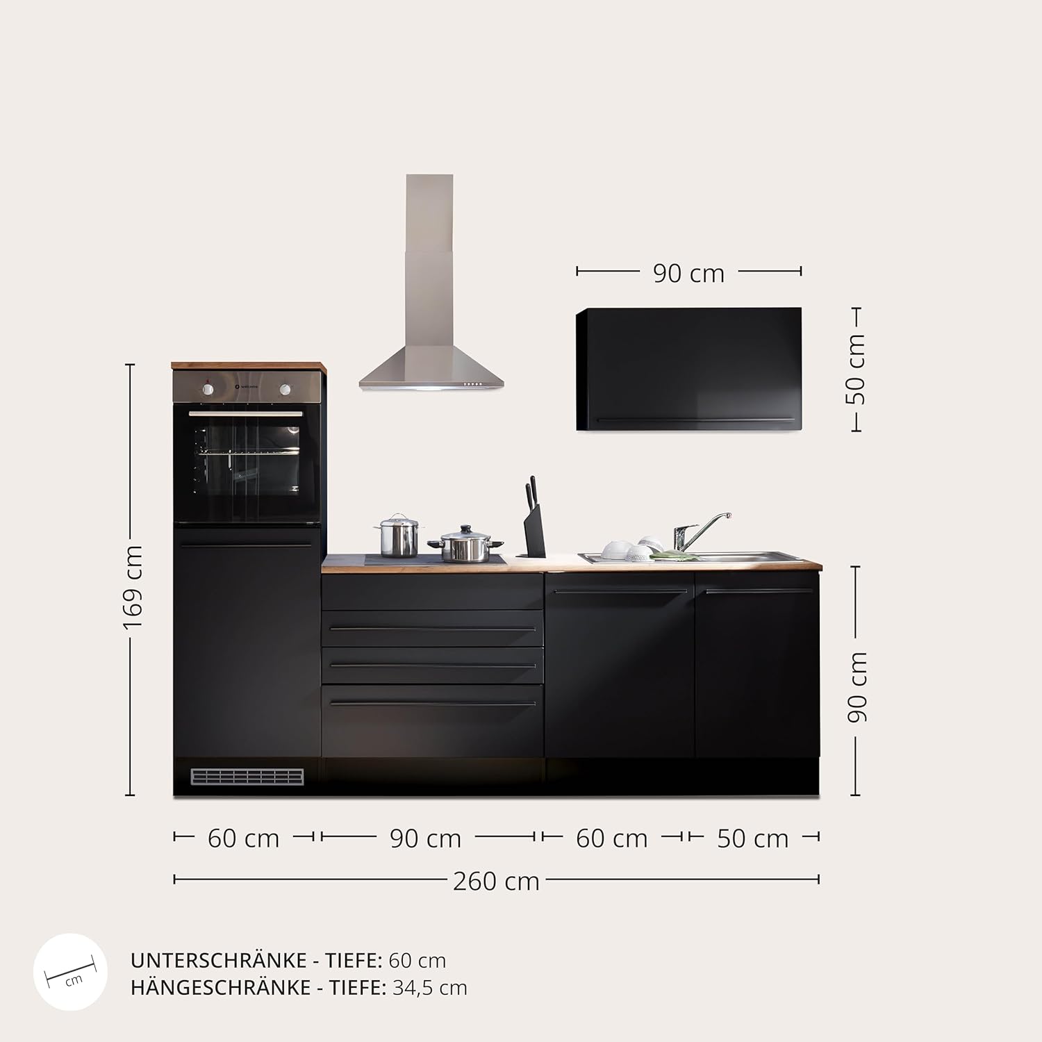 Jazz 6 Moderne Küchenzeile mit Elektrogeräten in Schwarz matt, Lanzelot Eiche Optik - Geräumige Einbauküche mit viel Stauraum - 260 x 200 x 60 cm (B/H/T)